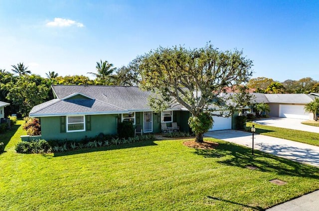 single story home with a garage and a front lawn