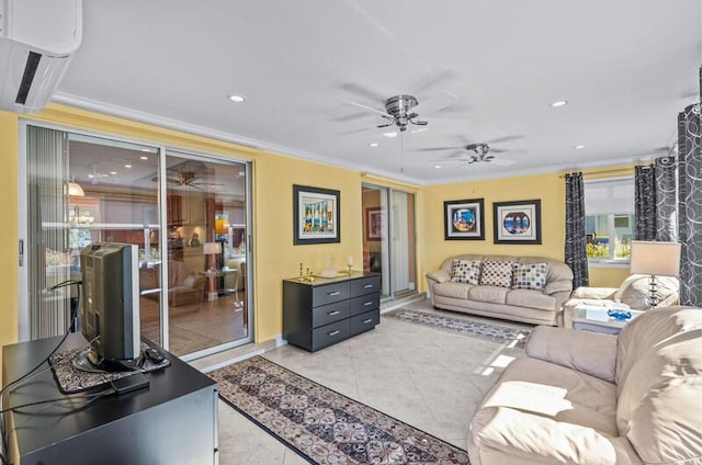 tiled living room with crown molding, an AC wall unit, and ceiling fan