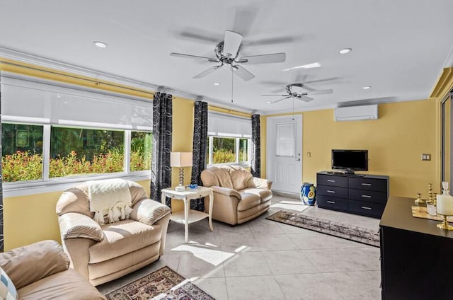 living room featuring light tile patterned flooring, ornamental molding, and a wall unit AC