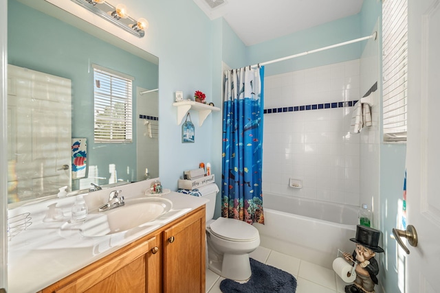 full bathroom with shower / bathtub combination with curtain, vanity, tile patterned floors, and toilet