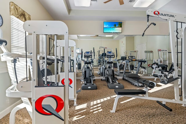 gym featuring ceiling fan