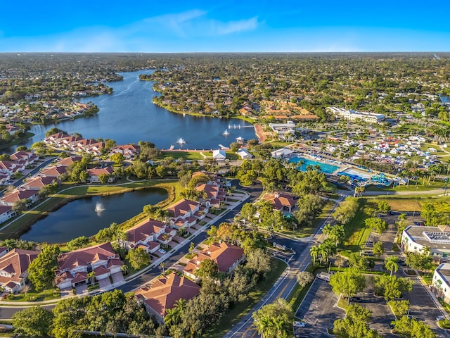 drone / aerial view featuring a water view