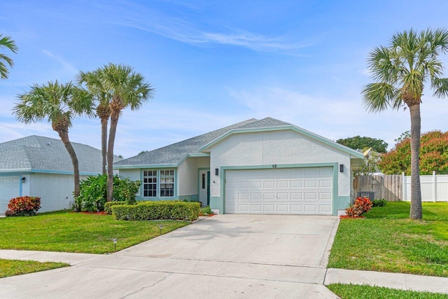 single story home with a garage and a front yard