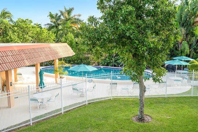 view of swimming pool with a lawn