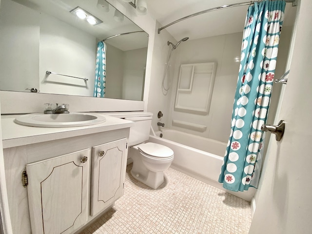 full bathroom with shower / tub combo with curtain, vanity, toilet, and tile patterned flooring