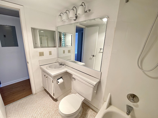 bathroom featuring vanity, electric panel, and toilet