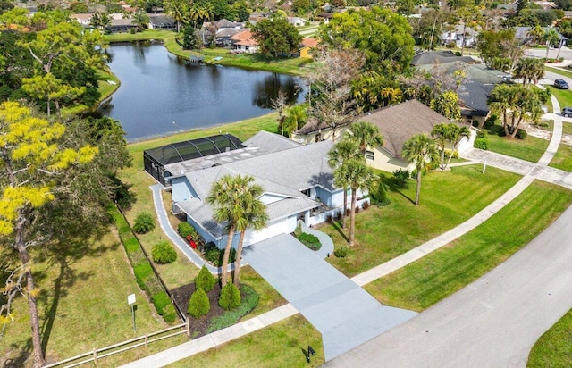 drone / aerial view featuring a water view