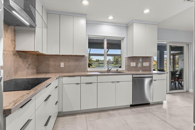 kitchen featuring white cabinetry, wall chimney exhaust hood, black electric stovetop, and sink