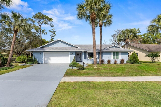 single story home with a garage and a front yard