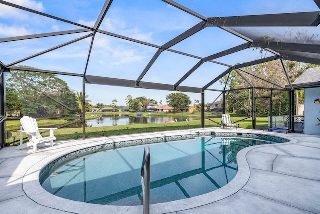 view of swimming pool featuring a lawn, a patio, glass enclosure, and a water view