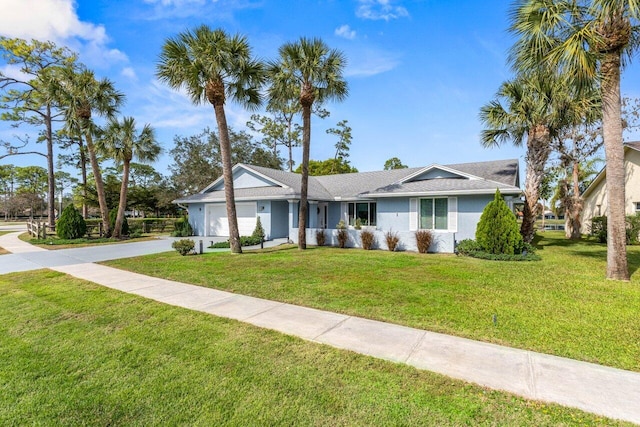 ranch-style home with a garage and a front lawn