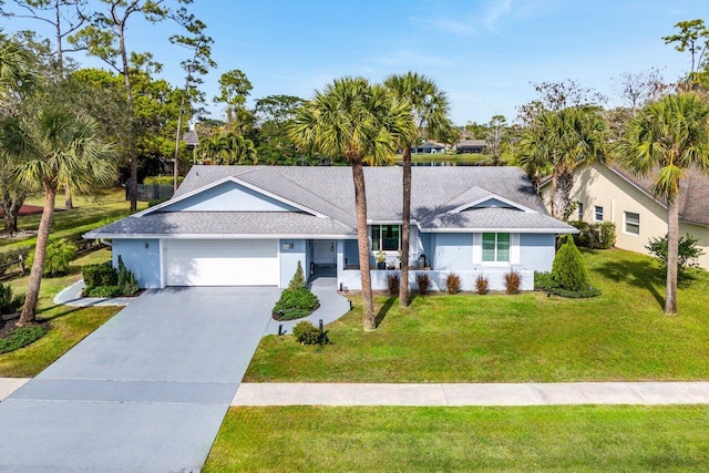 single story home featuring a garage and a front yard