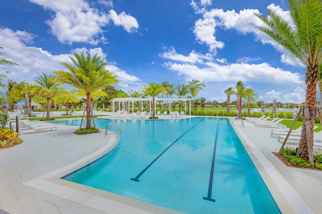 view of swimming pool with a patio and a pergola