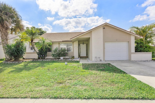 single story home featuring a garage and a front yard