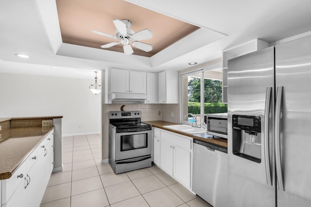 kitchen with white cabinetry, sink, a raised ceiling, and appliances with stainless steel finishes