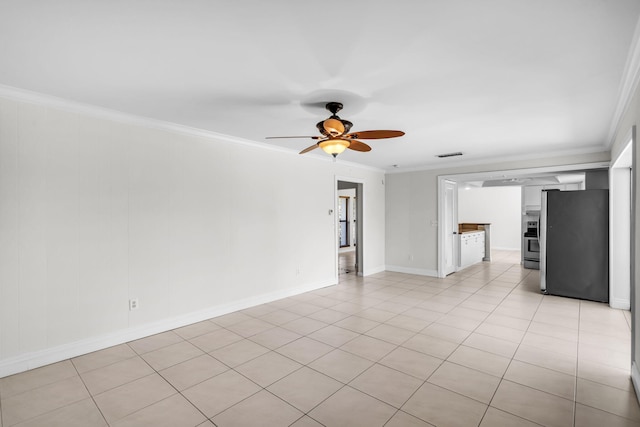 unfurnished living room with light tile patterned floors, ornamental molding, and ceiling fan