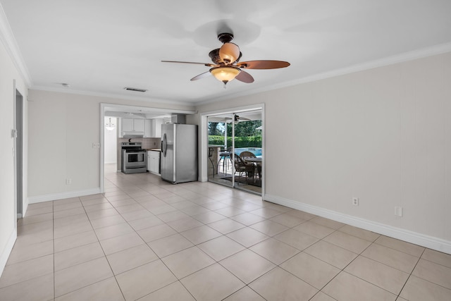 unfurnished living room with crown molding, light tile patterned floors, and ceiling fan