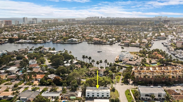 drone / aerial view featuring a water view