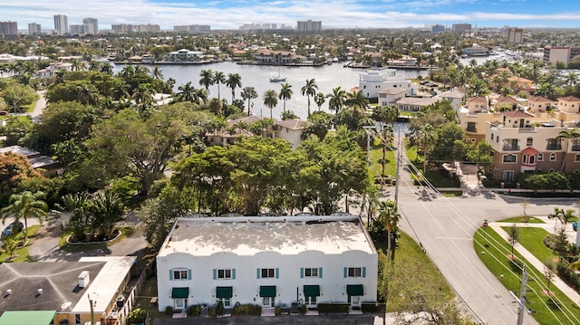 drone / aerial view featuring a water view