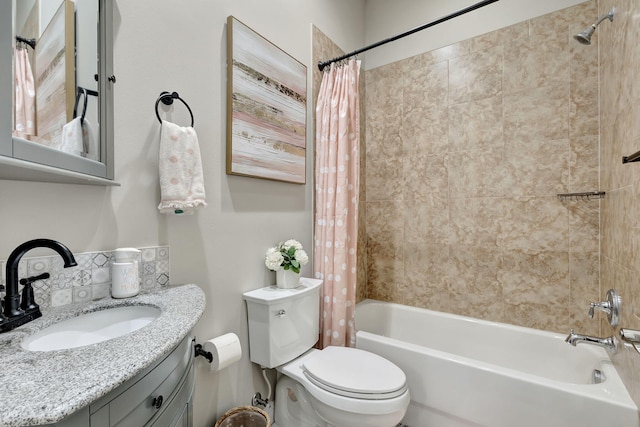 full bathroom with tasteful backsplash, vanity, shower / bathtub combination with curtain, and toilet