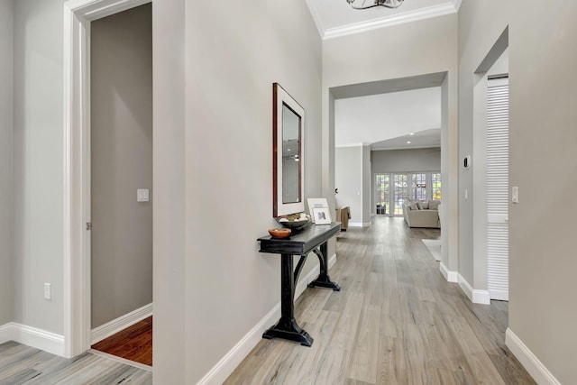 corridor featuring ornamental molding and light hardwood / wood-style floors