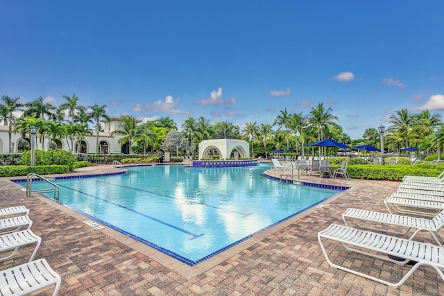 view of swimming pool featuring a patio