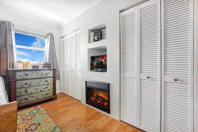 bedroom with multiple closets, wood-type flooring, and crown molding