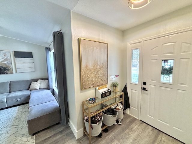 entrance foyer featuring lofted ceiling and hardwood / wood-style floors