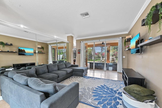 living room featuring light tile patterned floors and ornamental molding