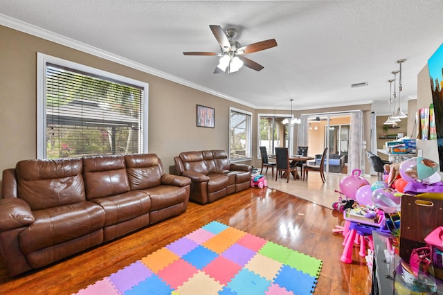 living room featuring crown molding, ceiling fan with notable chandelier, a textured ceiling, and light wood-type flooring