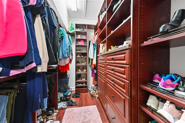 walk in closet with hardwood / wood-style flooring