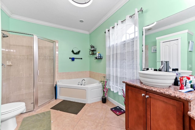 full bathroom featuring vanity, crown molding, tile patterned floors, and plus walk in shower