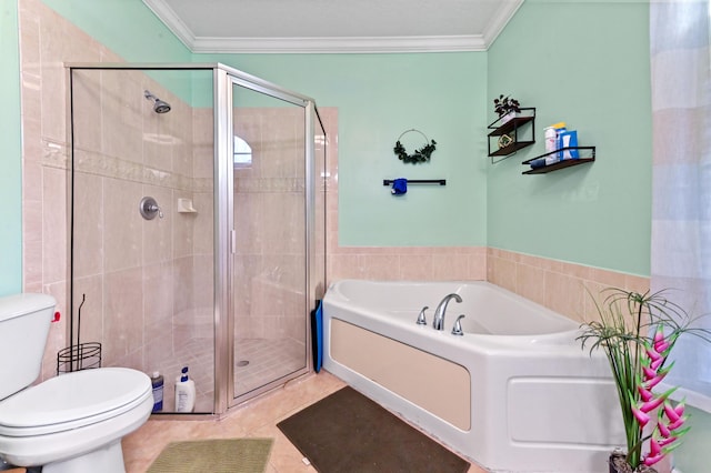 bathroom featuring ornamental molding, toilet, separate shower and tub, and tile patterned flooring