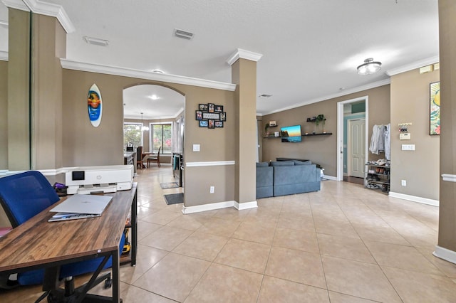 tiled dining space with ornamental molding