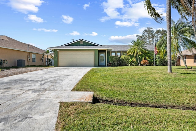 ranch-style house with a garage, central AC unit, and a front lawn