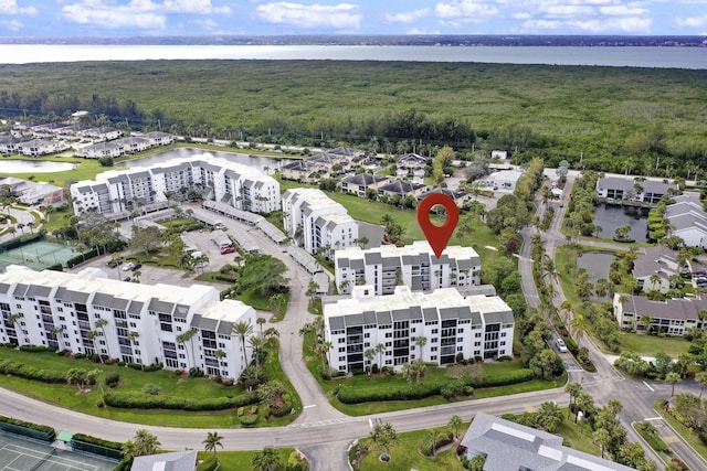 aerial view featuring a water view