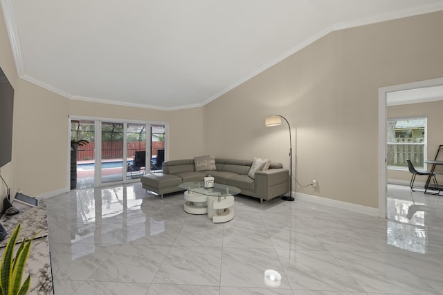 living room featuring crown molding and high vaulted ceiling