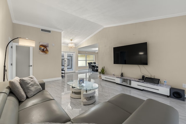 living room featuring a notable chandelier, vaulted ceiling, and ornamental molding