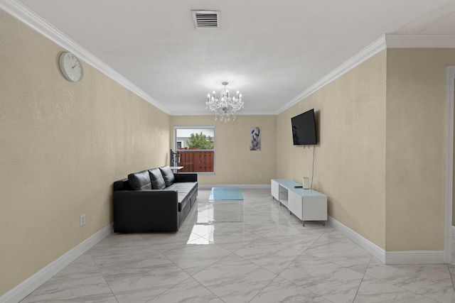 living room featuring crown molding and a chandelier