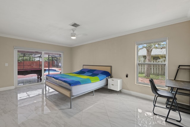 bedroom featuring ornamental molding, access to outside, and ceiling fan