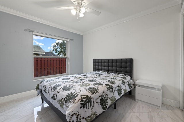 bedroom with crown molding and ceiling fan