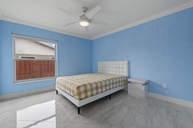 bedroom with crown molding and ceiling fan