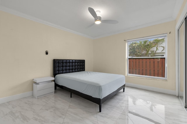 bedroom with crown molding and ceiling fan