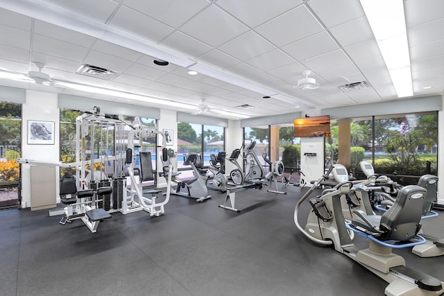 3215 NW 12th St, Delray Beach, FL 33445 - workout area with a drop ceiling, ceiling fan, and plenty of natural light