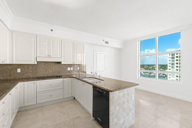 kitchen with kitchen peninsula, black appliances, sink, dark stone counters, and white cabinets