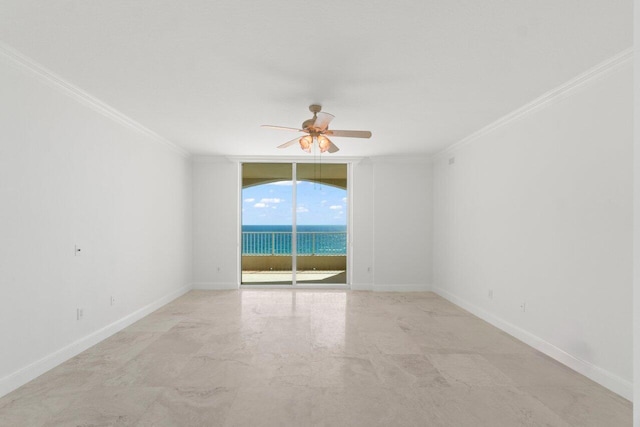 unfurnished room with a water view, ceiling fan, expansive windows, and ornamental molding