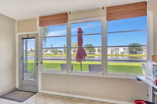 interior space with a water view