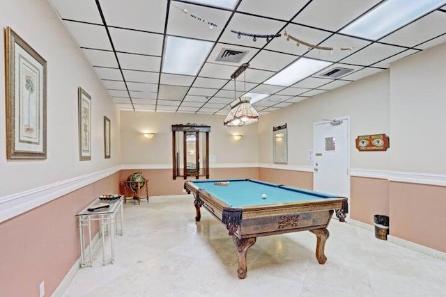 rec room featuring pool table and a drop ceiling