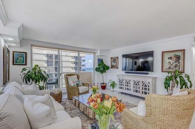 living room with crown molding