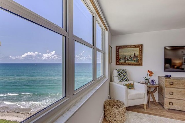 living area with a beach view and light hardwood / wood-style flooring